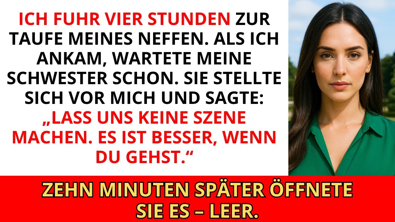 Ich fuhr vier Stunden zur Taufe meines Neffen. Als ich ankam, wartete meine Schwester schon. Sie...