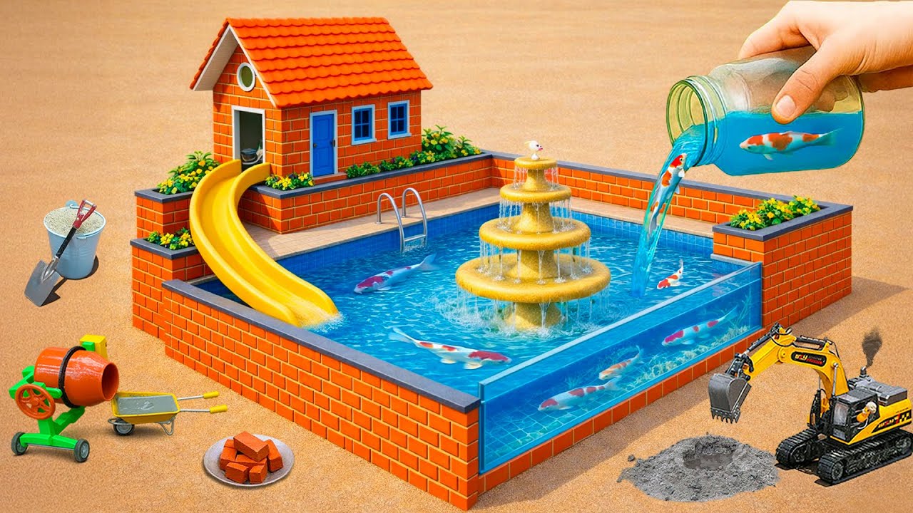 DIY Mini Brick House With Slide, Fountain & Clear Water Pool | 