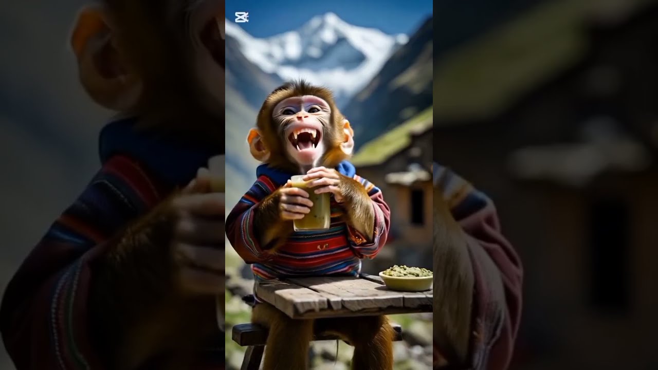 A Cute 3 Month Old Baby Monkey Wearing Adorable Clothes Enjoys Drinking Pista Shake In The Jungle
