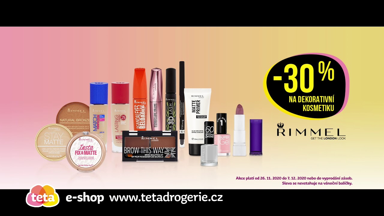 TV reklama Teta drogerie od 26. 11. 2020 – sleva na značku Rimmel a náhradní hlavice Gillette