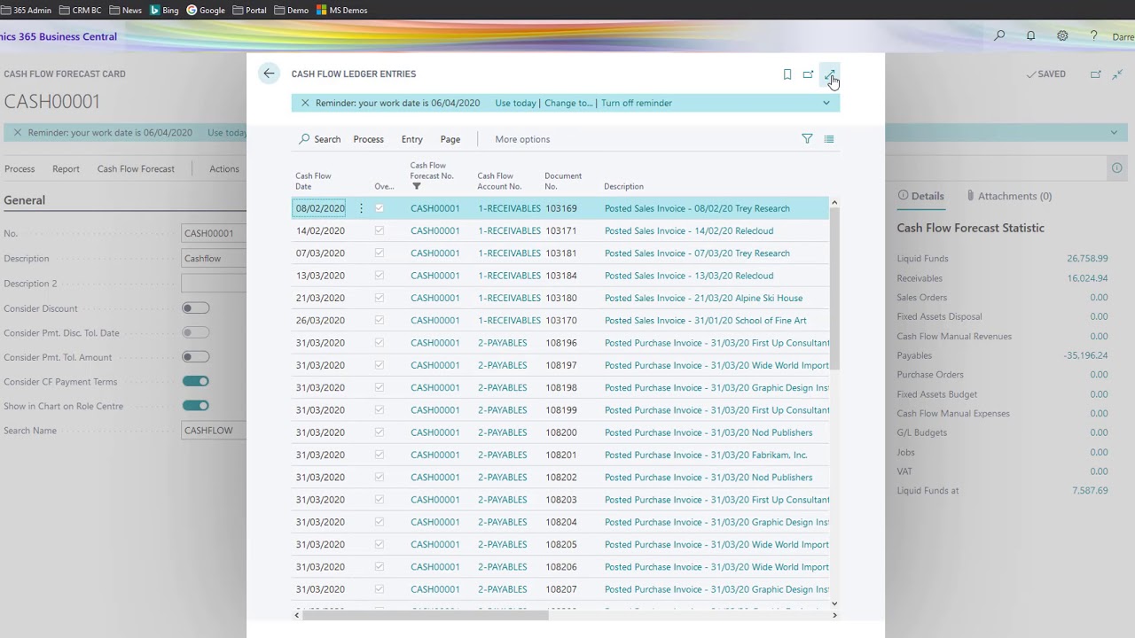 Business Central - Cash Flow Forecasting Functionality