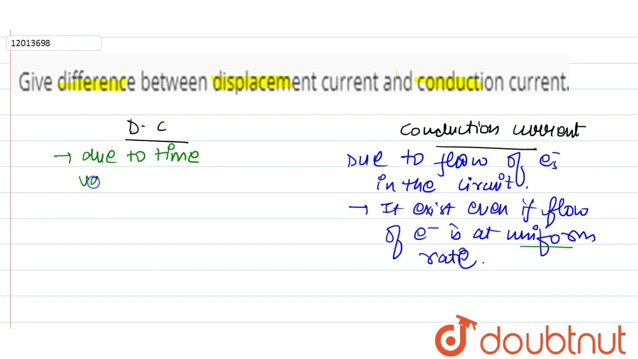 Give difference between displacement current and conductioncurrent.  | 12 | ELECTROMAGNETIC WAVE...