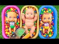 Rainbow satisfying l asmr mixing candy  yummy skittles in three bathtubs with mms slime