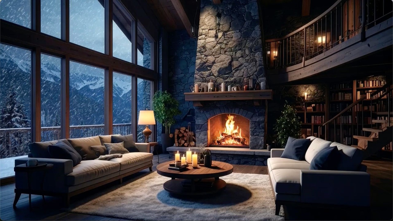 Snowy Window Cabin ASMR ❄️ Crackling Fire + Smooth Jazz Piano for Stress Relief and Sleep