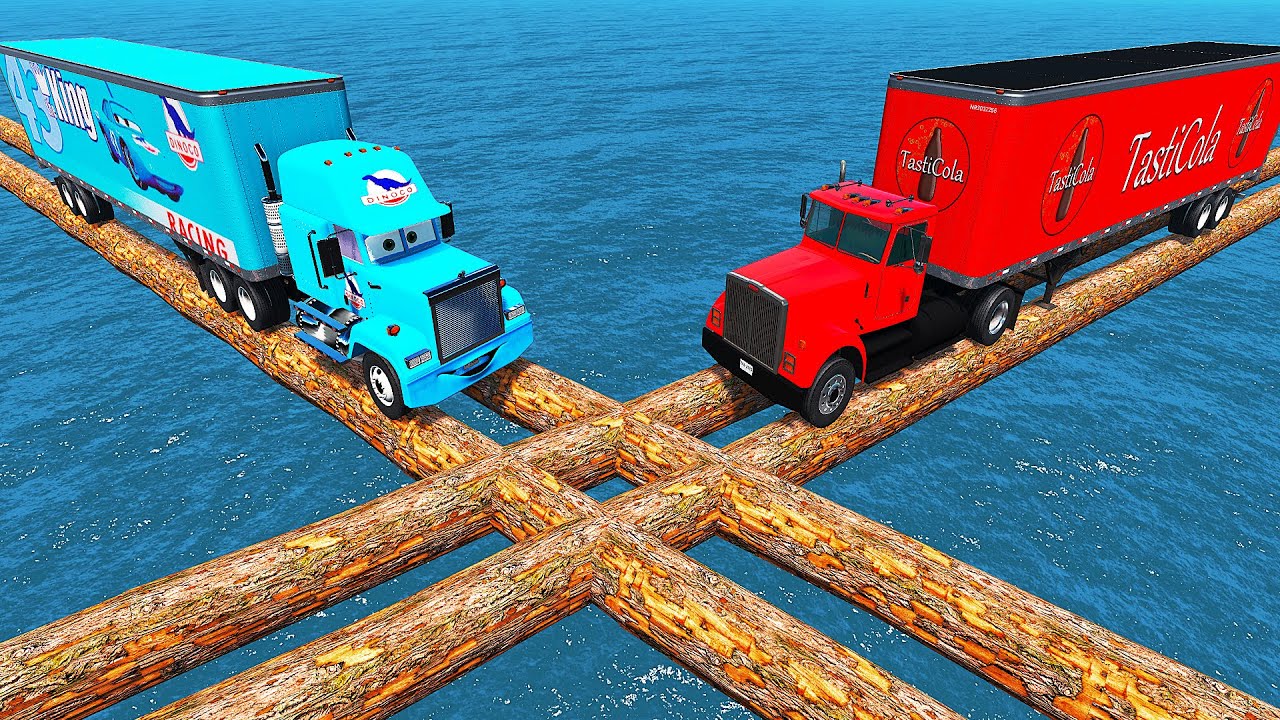 Cola vs Dinoco Truck vs Impossible Parallel log Bridges - BeamNG.Drive