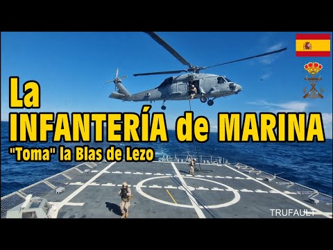 The Spanish Marine Infantry takes on an enemy frigate at sea by helicopter.