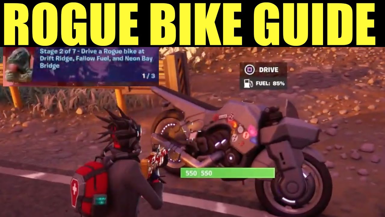 drive a rogue bike at drift ridge fallow fuel and neon bay bridge | Fortnite Challenge (Location)