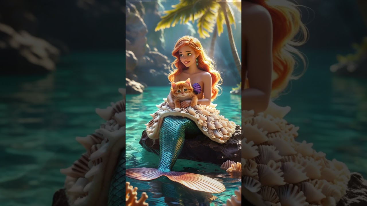 🌊✨ "A fearless mermaid rescues a stranded orange kitten in a stormy sea!" 🐾 