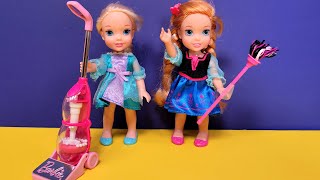 Chores ! Elsa \& Anna toddlers are cleaning up - vacuum - washing