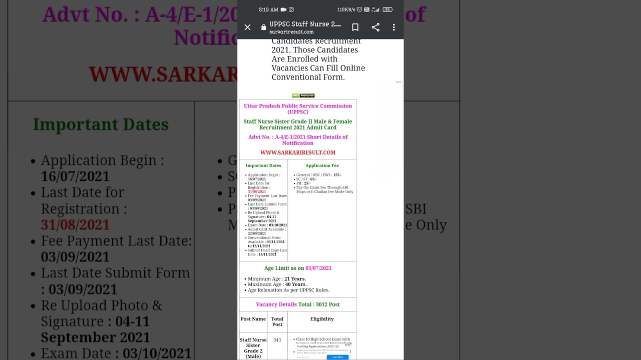 UPPSC Staff Nurse Sister Grade II Male& Female New Recruitment 2021 12th pass with math &Science Eli