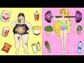 DIY Paper Doll | Fat And Strong Rainbow Vs Muscle Barbie New Dressup EXTREME Makeover | Dolls Beauty