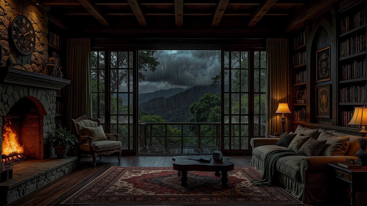 Rain and Fireplace for Relaxation, Focus | Cozy Living Room with Distant Thunder No Ads