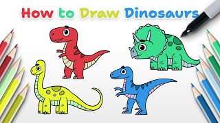 How to Draw Dinosaurs Carnivore vs Herbivore - T-rex, Raptor, Triceratops, Brachiosaurus Easy