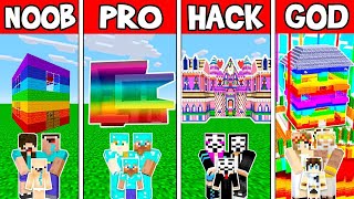 Minecraft: FAMILY RAINBOW HOUSE BUILD CHALLENGE - NOOB vs PRO vs HACKER vs GOD in Minecraft