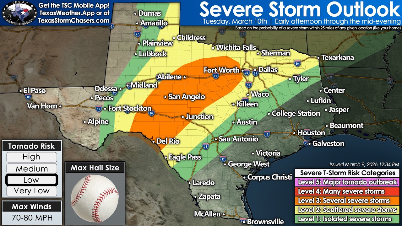 Texas Storm Threat Increasing Tuesday – Tornado, 80 MPH Wind & Baseball Hail Possible