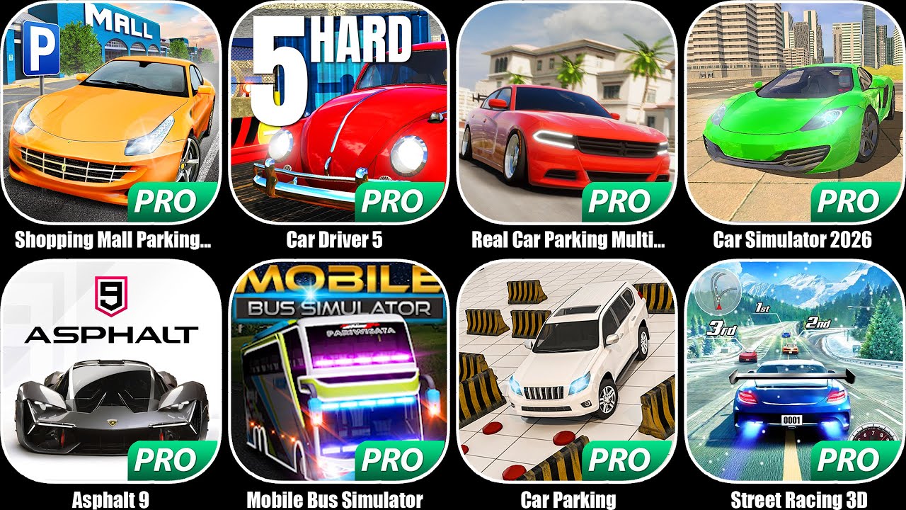 Asphalt 9,Car Driver 5,Real Car Parking Multiplayer,Car Simulator 2026,Shopping Mall Parking Lot
