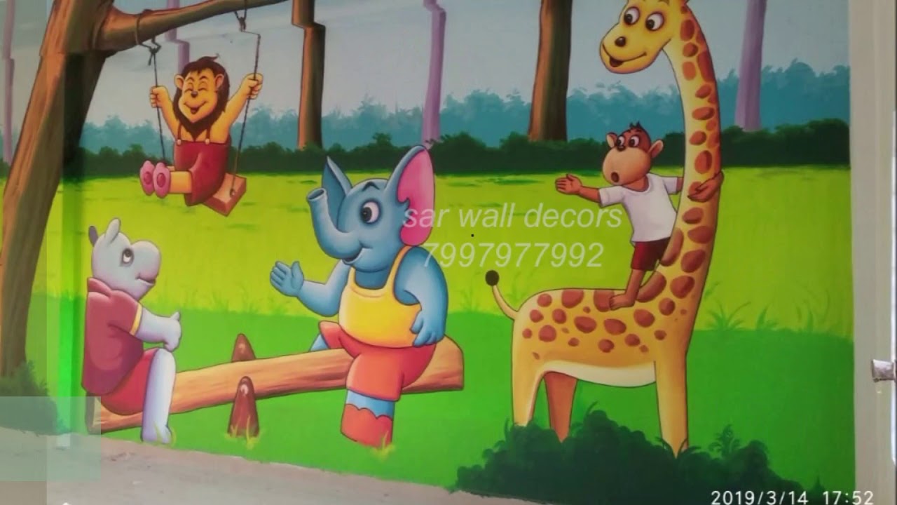 Pre school cartoon wall painting, Nursery class room wall painting ...