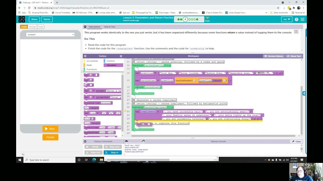 code org unit 7 lesson 3.4 Random Greet and Compliment - YouTube