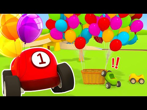 Colorful racing cars are going on a hot air balloon ride in a cartoon for kids.
