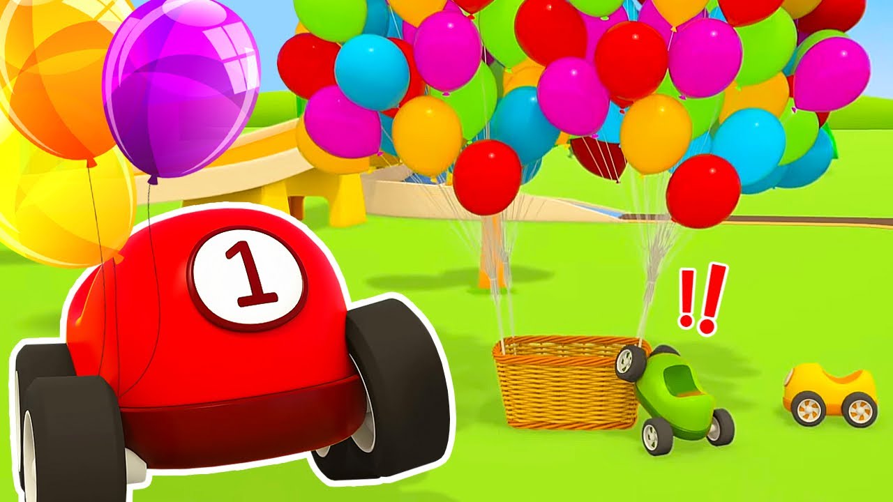 Colorful racing cars are going on a hot air balloon ride in a cartoon for kids.