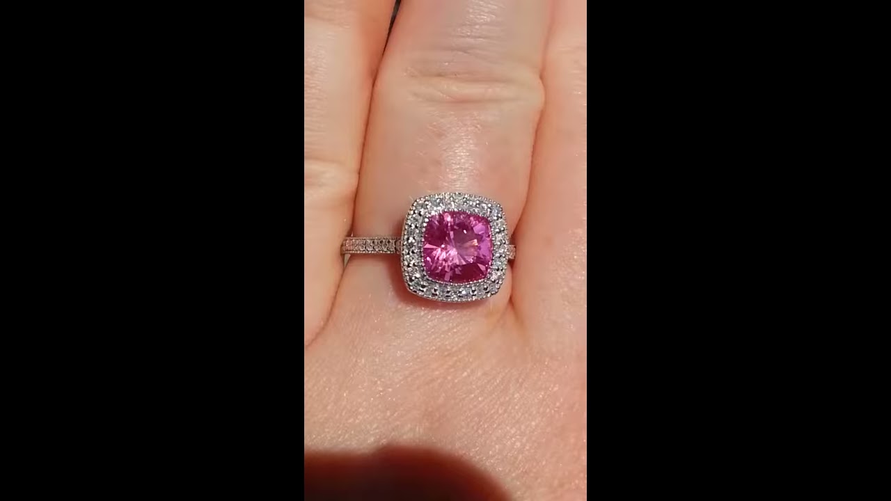 2 3 Carat Hot Pink Chatham Sapphire In White Gold Milgrain Bezel Diamond Halo Engagement Ring
