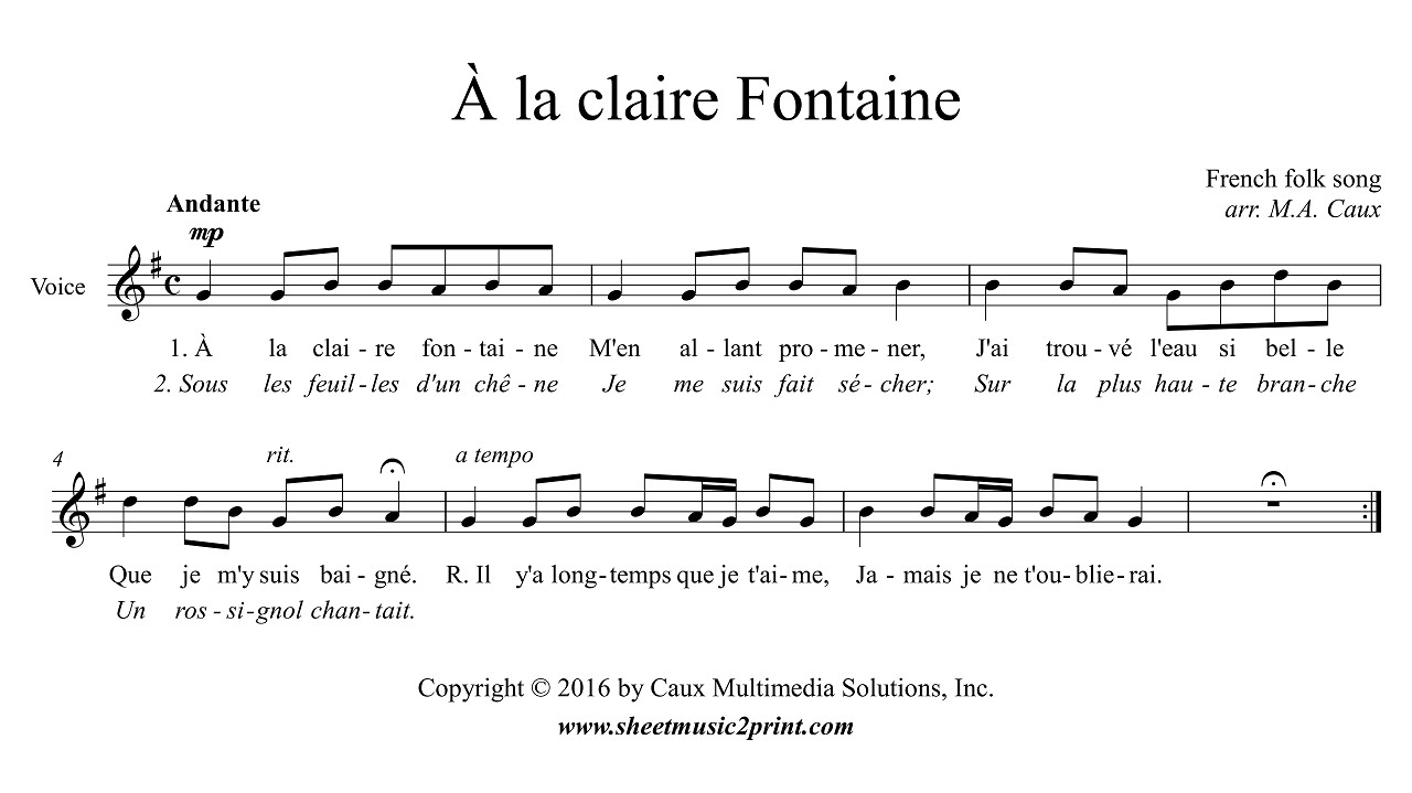 A la claire fontaine piano sheet music