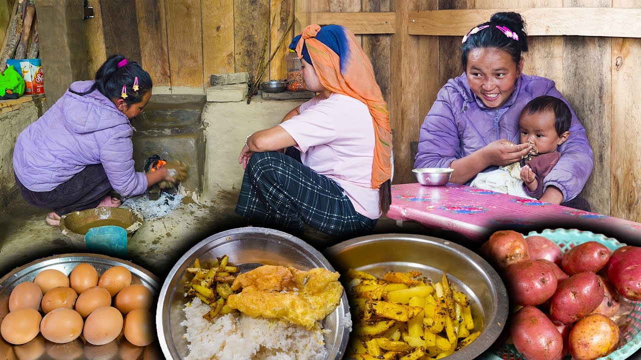 Egg Omelette & Potato Fry Recipe with rice cooking & eating in village kitchen || New Village Vlog