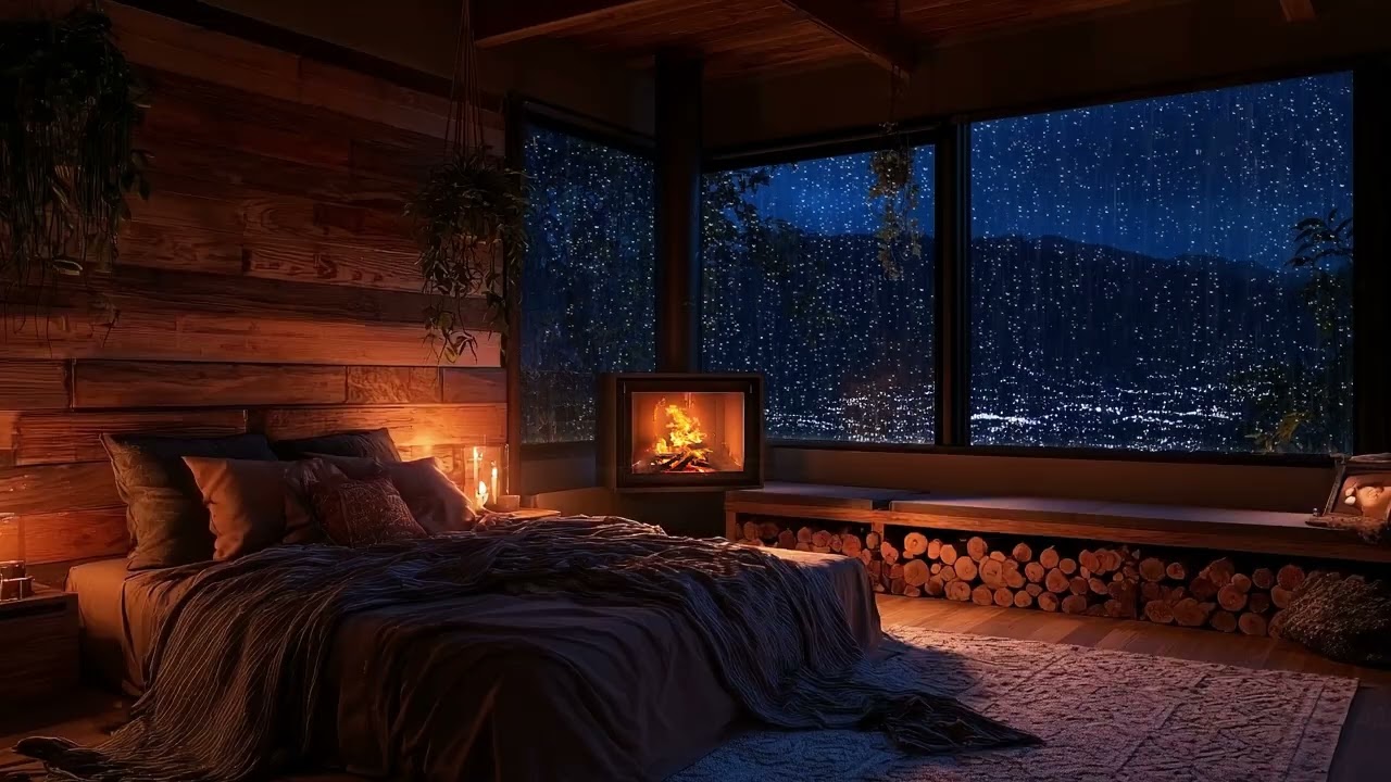 Relaxing Thunderstorm Rain 🌧️🌩️ | Fireplace Crackle & Attic Cabin Ambience