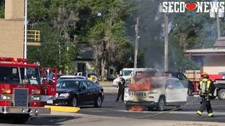 Rocky Ford Fire Dept VS Vehicle Fire - This Jeep Caught Fire at the Rocky Ford Food Market May 29th