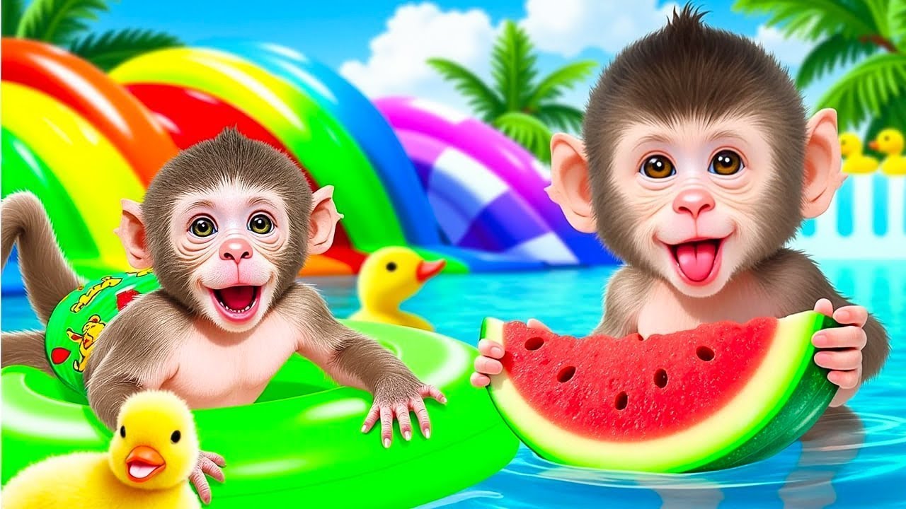 Bebé Mono BiBi se divierte en la piscina con sandía gigante 🏖️🍉 - MONO BIBI ESP