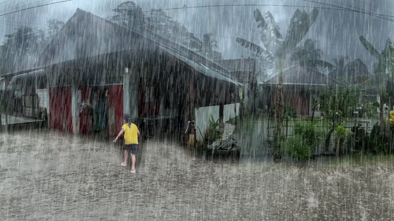 Extreme Rain Walk in Peaceful Village with Fierce Wind and Loud Thunder Night ASMR 4K Video 495