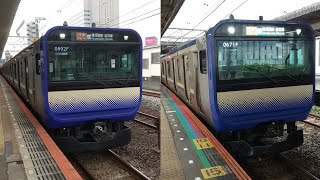 E235系1000番台J-08編成+F-10編成 快速横須賀行き(J-08編成は逗子止まり)船橋駅発着シーン