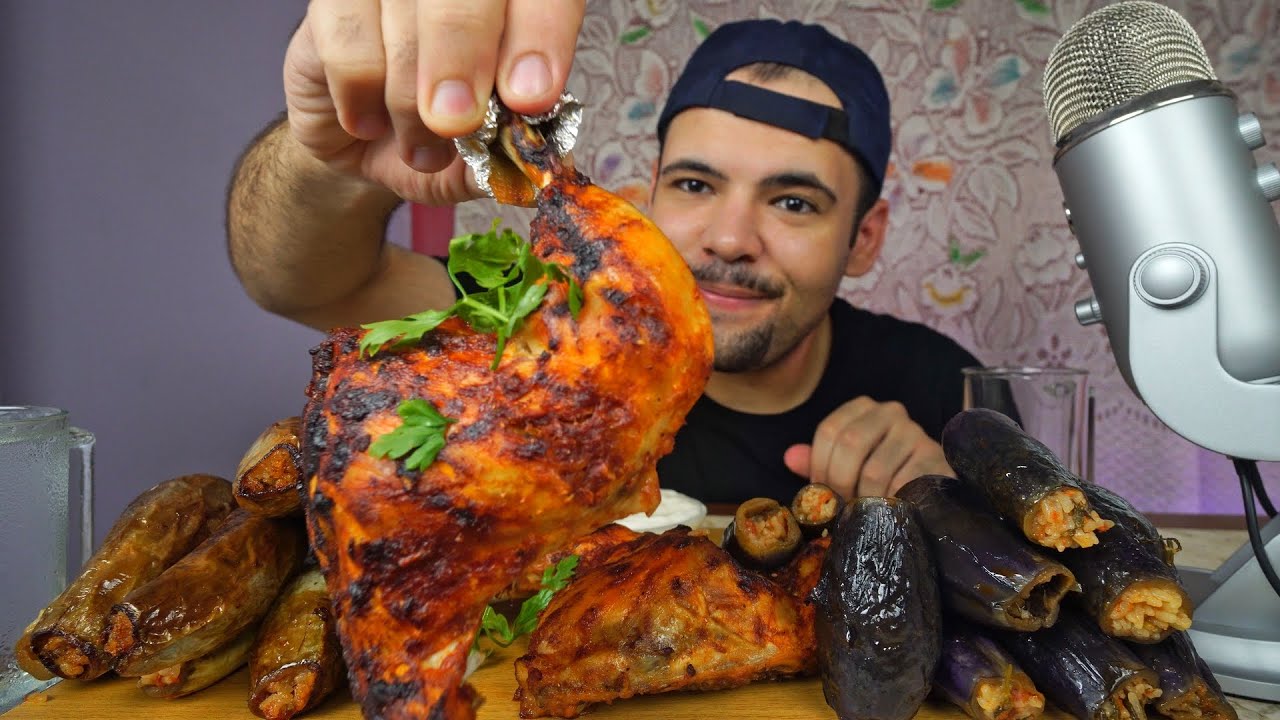 محشي بتنجان وفراخ مشويه 😋 | أصوات الأكل ASMR