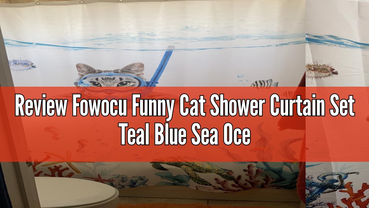 Review Fowocu Funny Cat Shower Curtain Set Teal Blue Sea Ocean Waterproof Fabric Shower Curtains wit