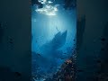 Underwater ocean scene with large sunken ships resting on the sea floor, #sea