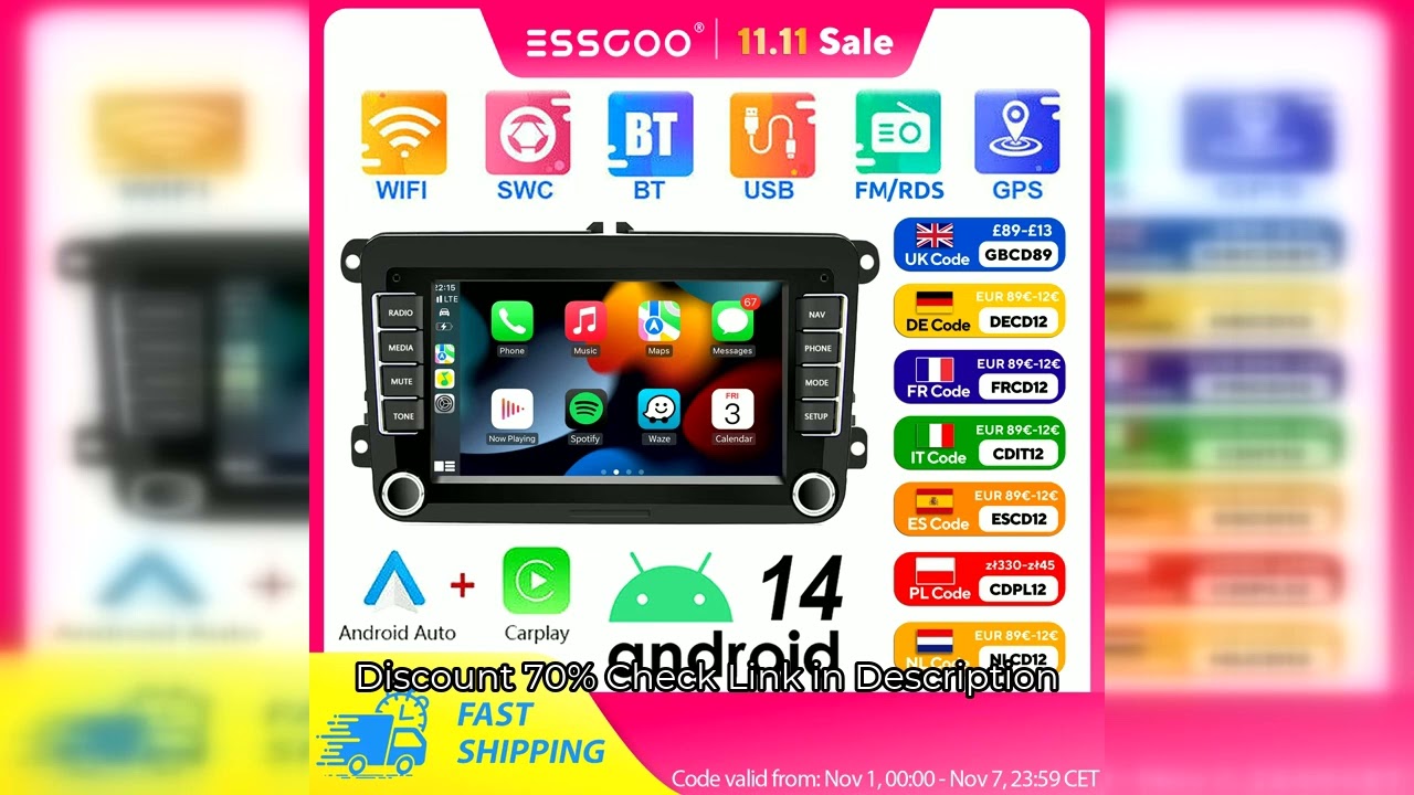 ESSGOO 7" Android 14 4G+64G Apple Carplay Car Stereo GPS NAVI WIFI RDS FM BT for VW Golf 5 6 Passat