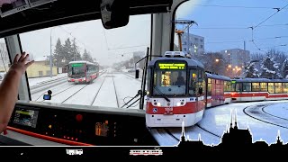 Zasněžené Brno na lince 1 🚋 Cab view tram Brno