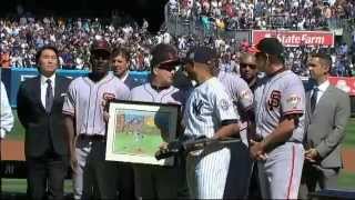 Mariano Rivera receives his farewell gifts from the Yankees