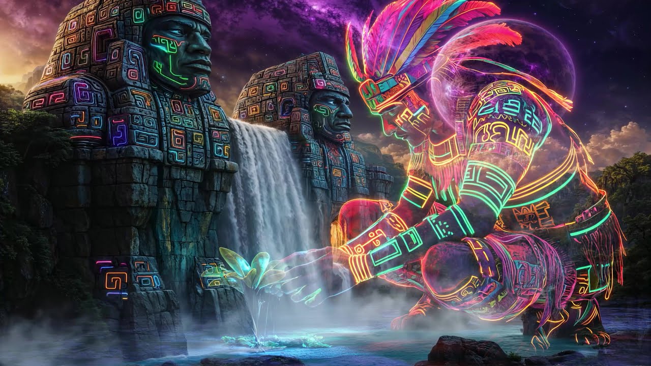 Neon Cosmic Cascade – Ancient Tech Awakens  Ambient Concept Art Excerpt