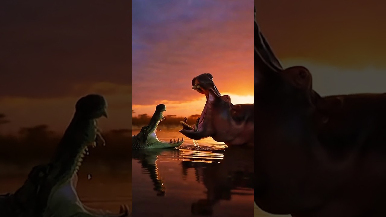 Крокодил против бегемота: река превращается в смертельную арену‼️