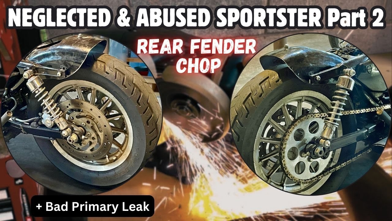 NEGLECTED 08 SPORTSTER RESTORE Part 2.  REAR FENDER CHOP + Primary Leak.  2008 Harley Sportster.