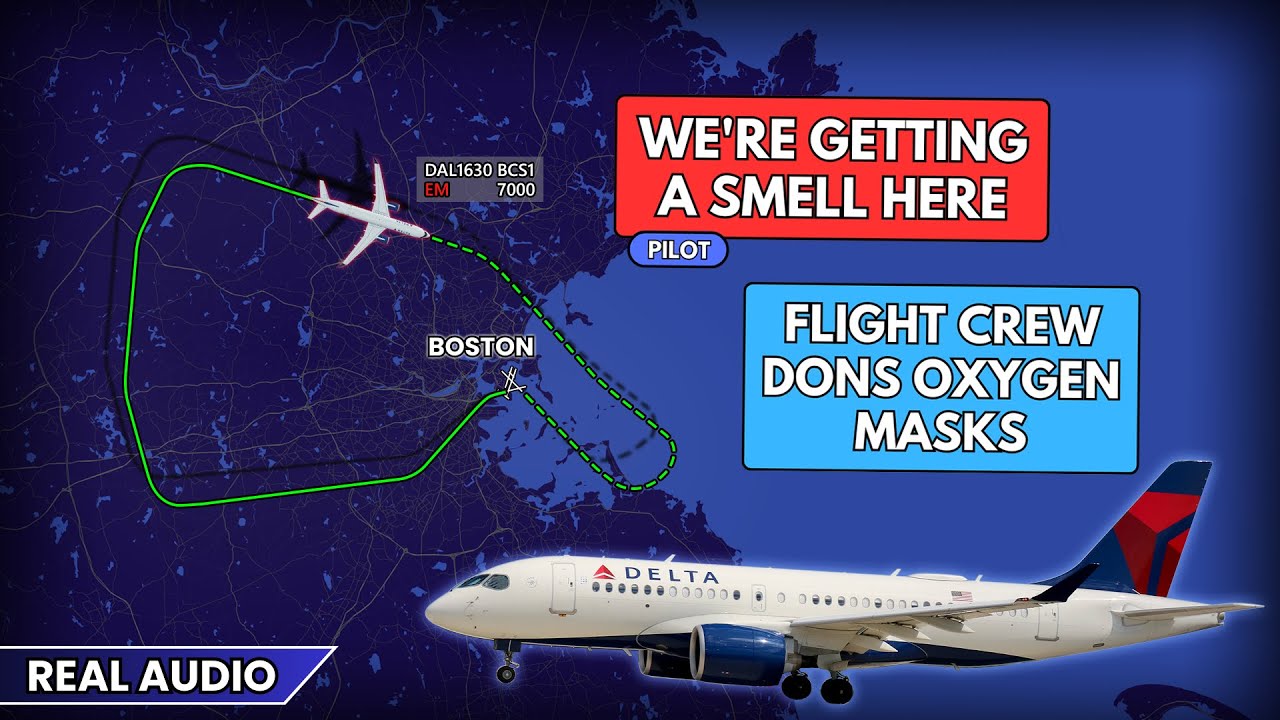 Pilots report smell in the cockpit and don oxygen masks. Delta A220 returns to Boston. Real ATC