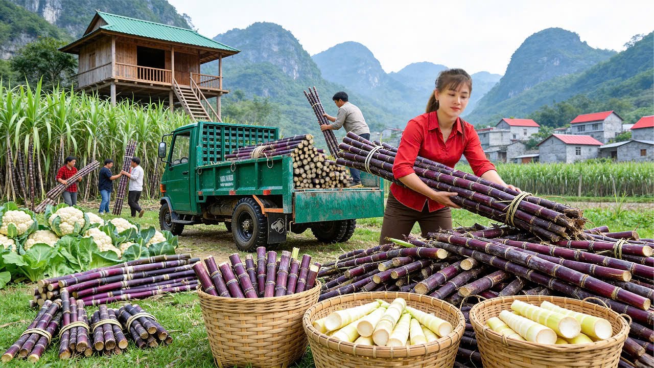 Harvesting the Largest Sweet Sugarcane | Selling at the Local Market