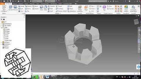 Create Hexagonal castle Nut by Autodesk Inventor 2017 Tutorial