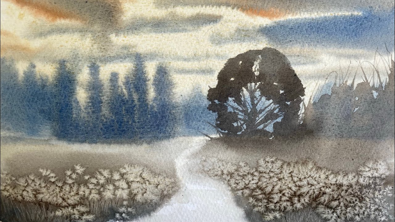 Relaxing painting workout in the tonalist tradition using a limited palette, salt and sgraffito.