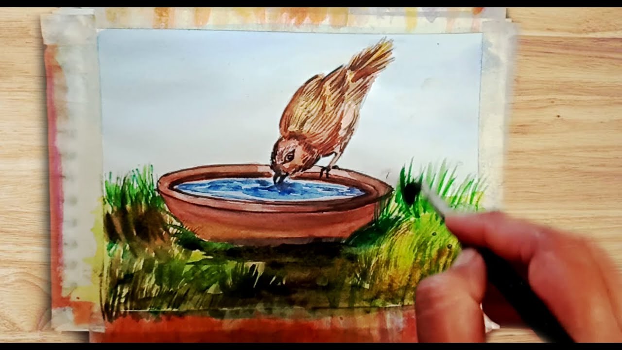 HOW TO DRAW A BIRD DRINKING WATER | bird drinking water painting | Watercolor painting for beginners