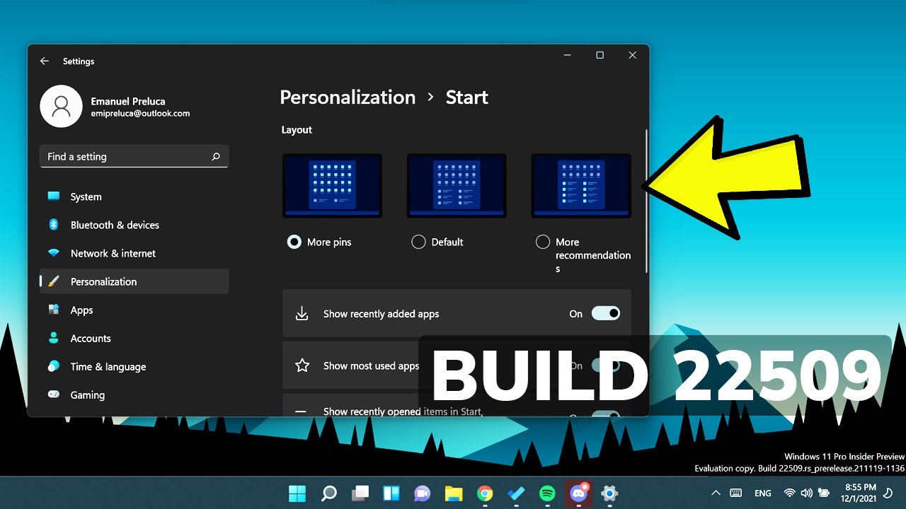 New Windows 11 Build 22509 – New Start Menu Options, Settings, Taskbar Icons & Fixes (Dev Channel)