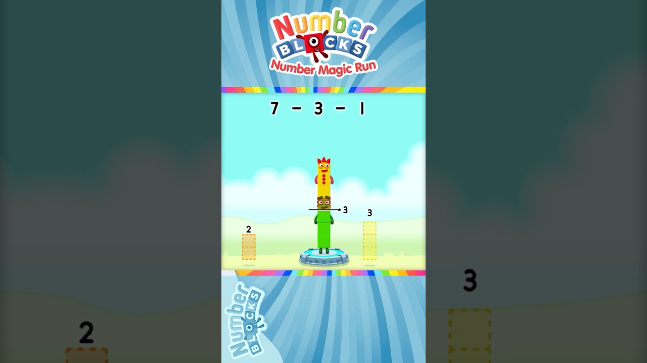 Numberblocks 3 Number Magic Run - Subtract 7 - 3 - 1 = 3 using Numberblocks! | CBeebies Go Explore