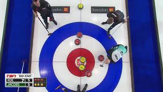 #cancup2019 [#3-6E] Perfect IDK... Kevin Koe triple takeout scores 4 vs Brad Jacobs