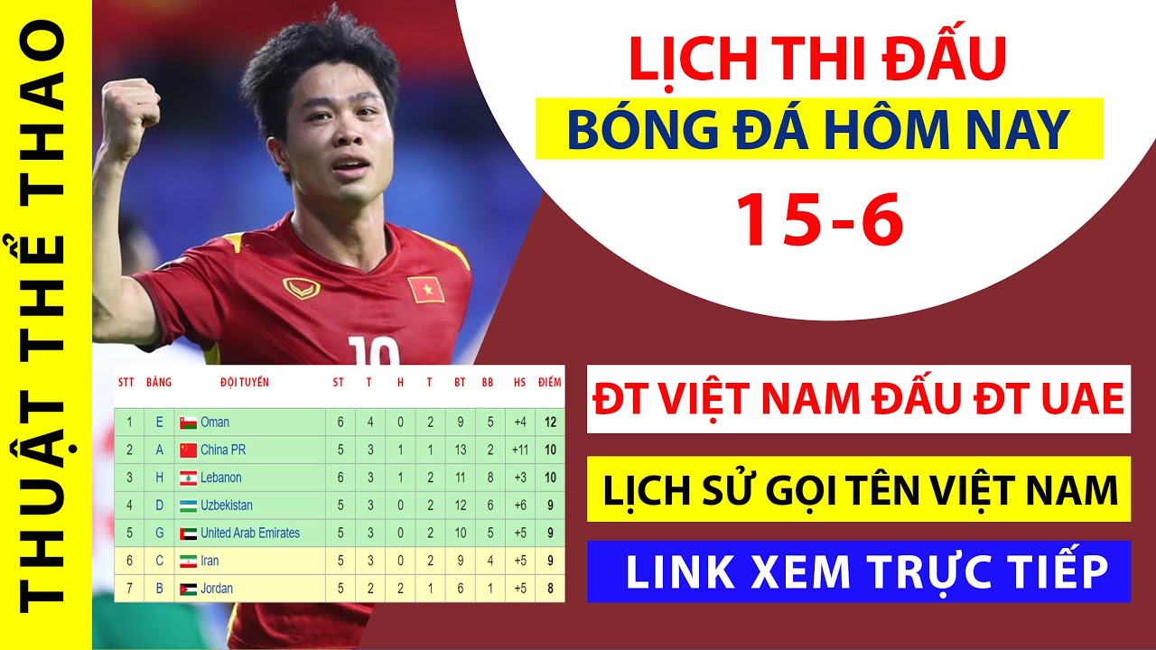 Lịch thi đấu bóng đá hôm nay 15-6 | ĐT Việt Nam vs ĐT UAE World Cup 2022 | Link xem trực tiếp